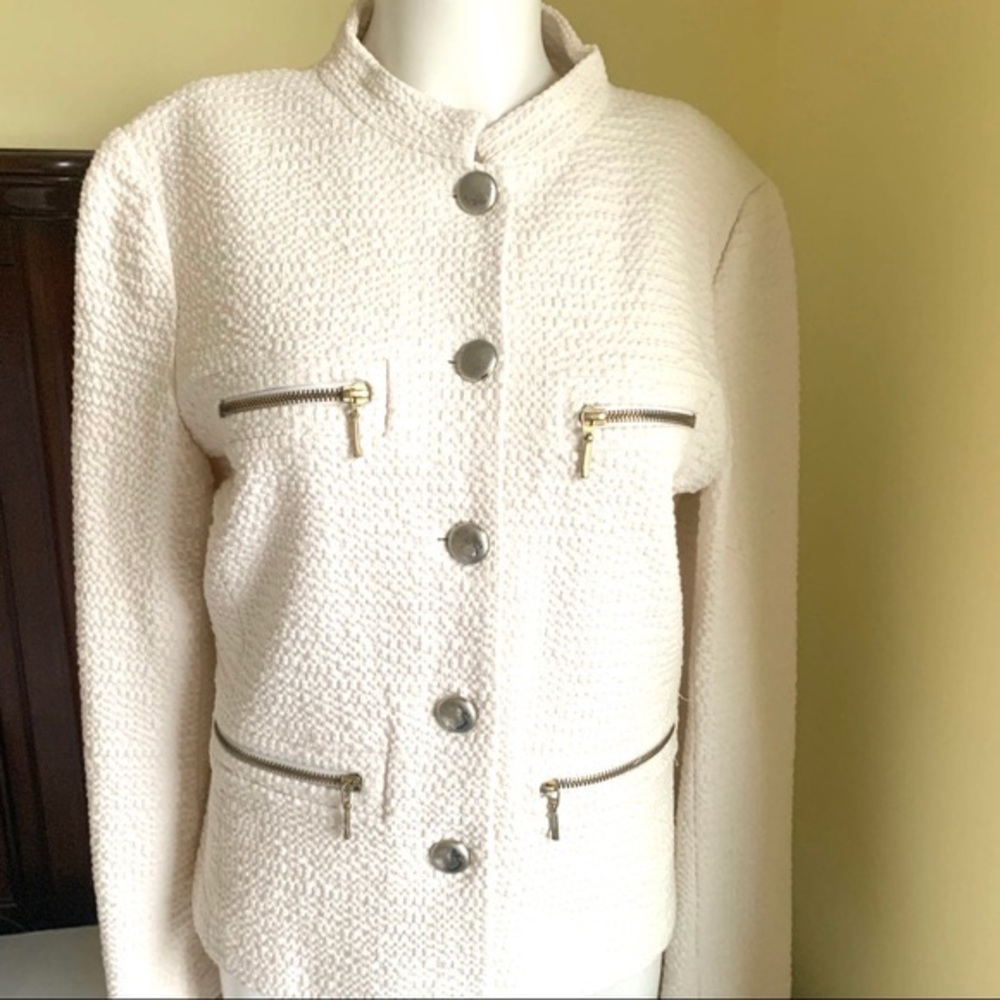 Zara Creamy Beige Cotton Tweed Blazer brass color metal zippers & buttons US L